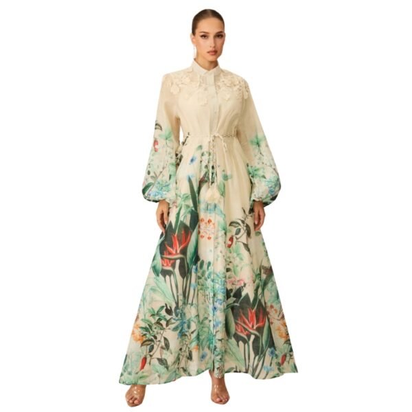 Women's Cream Floral Print Maxi Dress with Puff Sleeves & Lace Detail