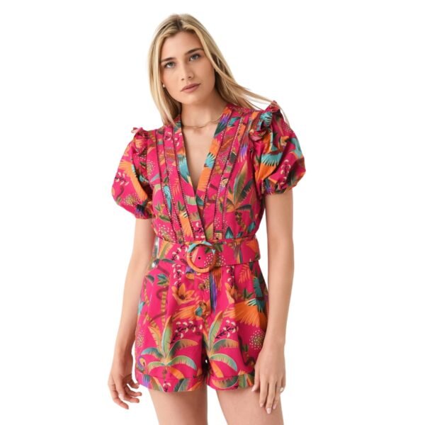 Women's Pink Tropical Print Belted Romper Puff Sleeve V-Neck Ruffle Summer Playsuit